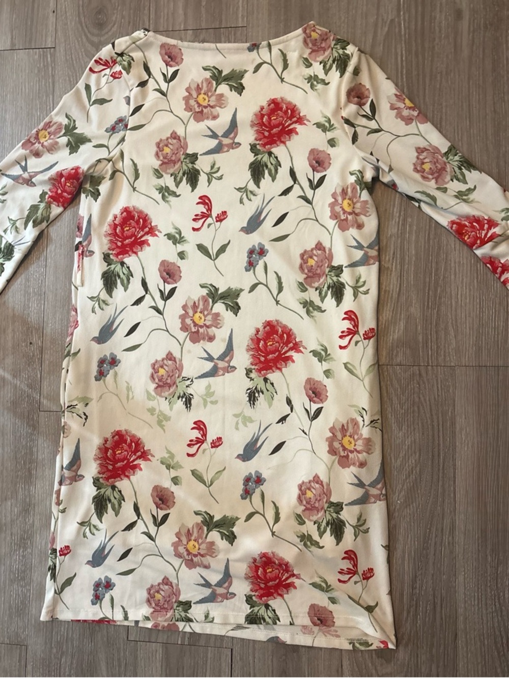 Floral Print Long Sleeve Dress - Cream with Red & Pink Flowers